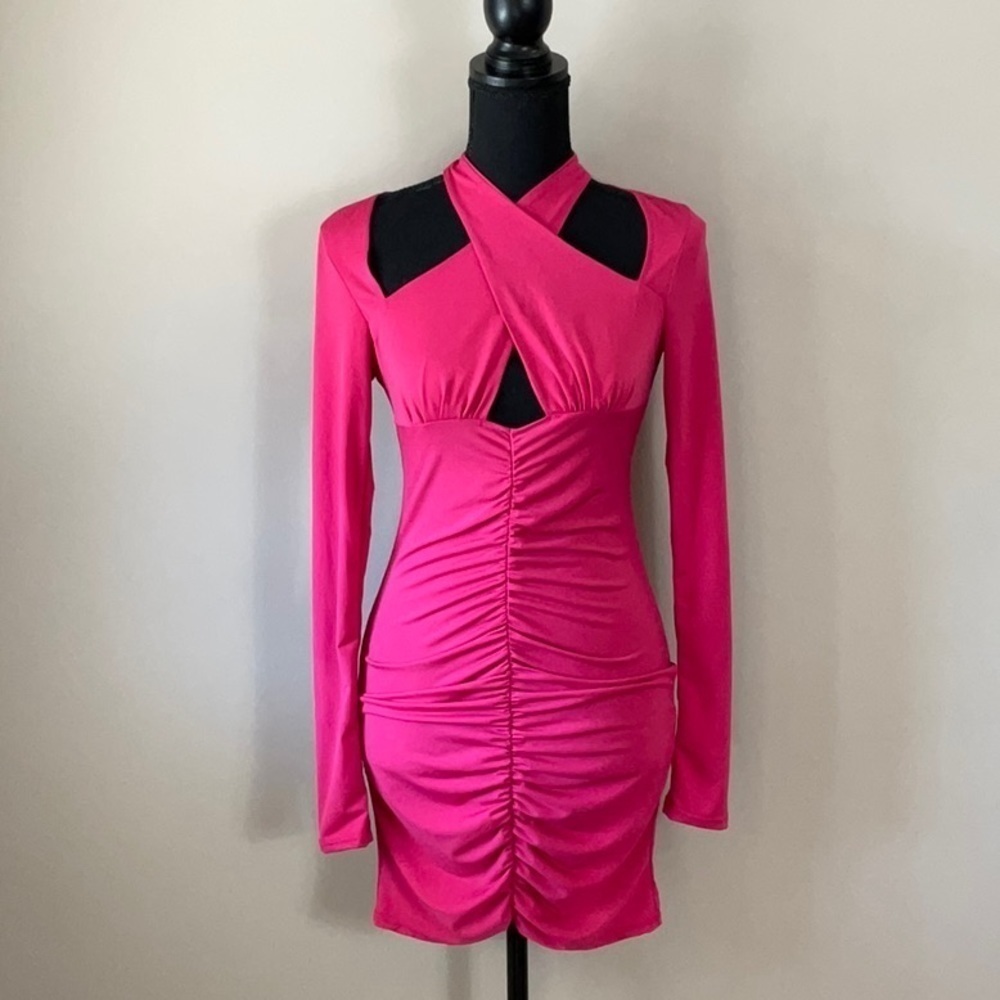 Just Polly - pink ruched cross around the neck dress
